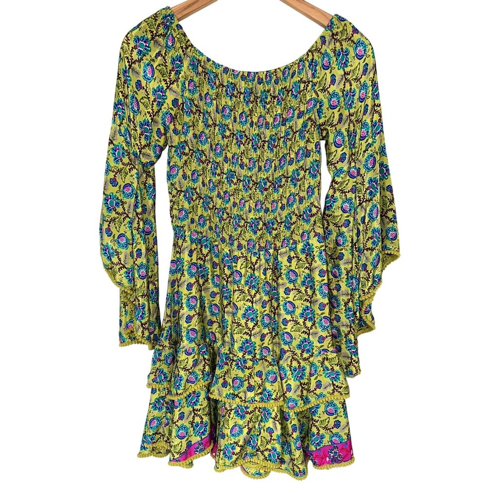 India Town Green Silk Floral Off the Shoulder Bell Sleeve Mini Dress One Size OS